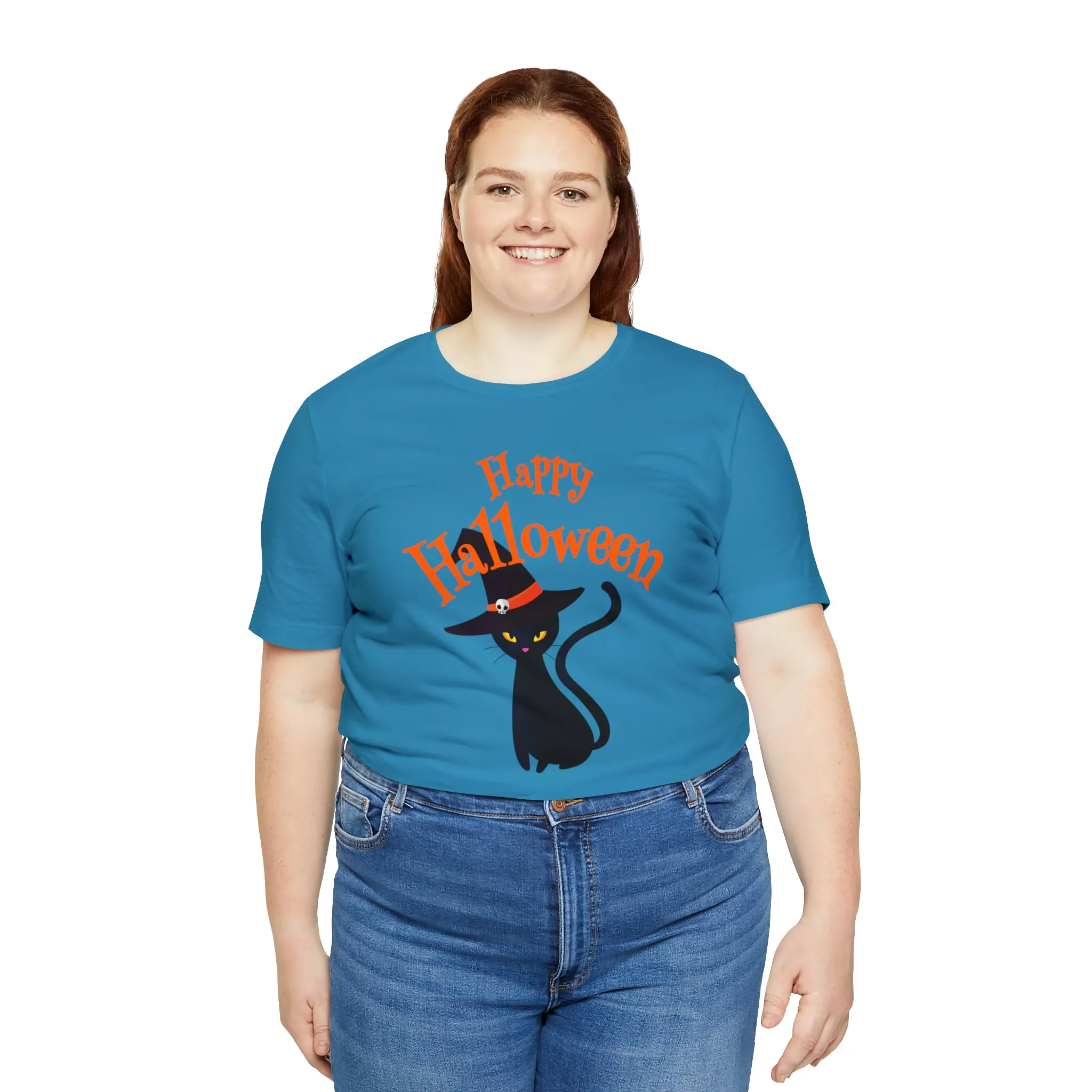 Happy Halloween Black Cat T-Shirt | Cat with Witche's Hat Tee |  Bella Canvas 3001Unisex | Funny Short Sleeve Tshirt
