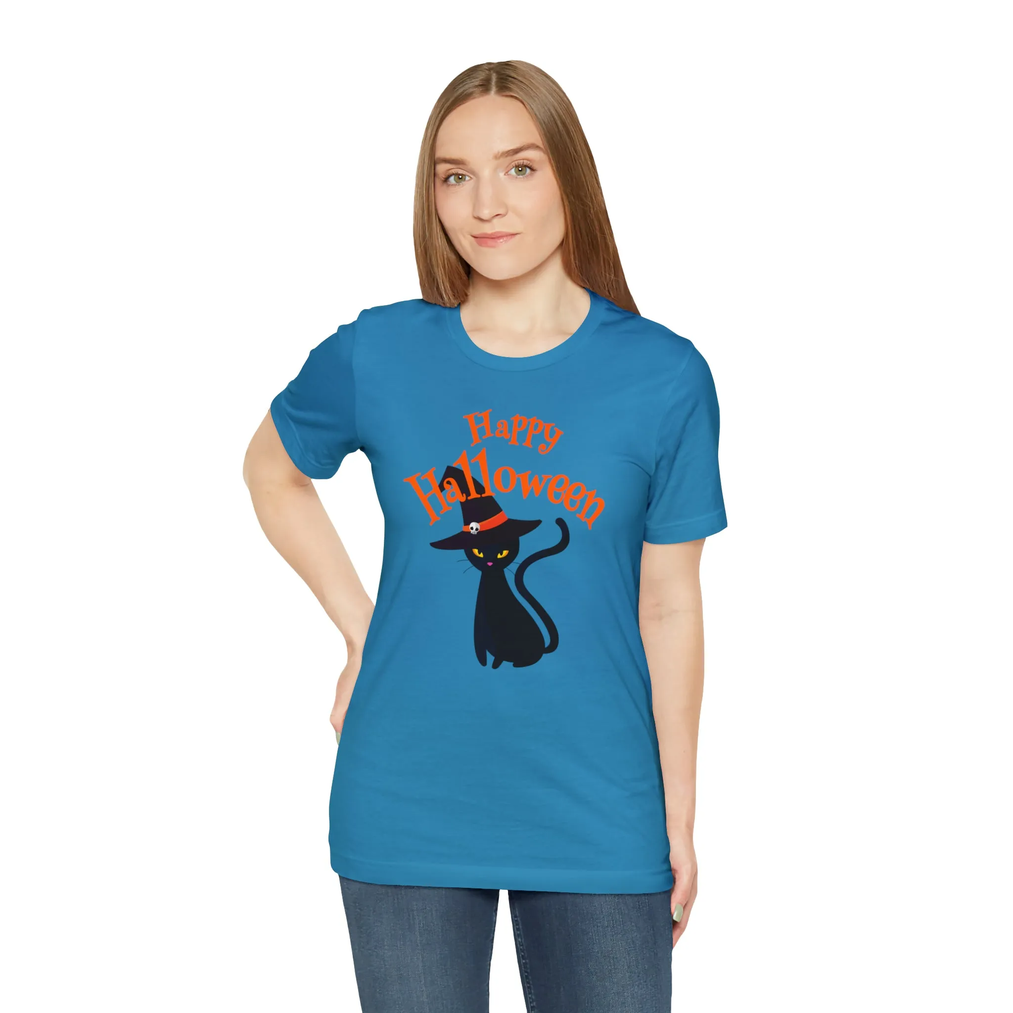 Happy Halloween Black Cat T-Shirt | Cat with Witche's Hat Tee |  Bella Canvas 3001Unisex | Funny Short Sleeve Tshirt