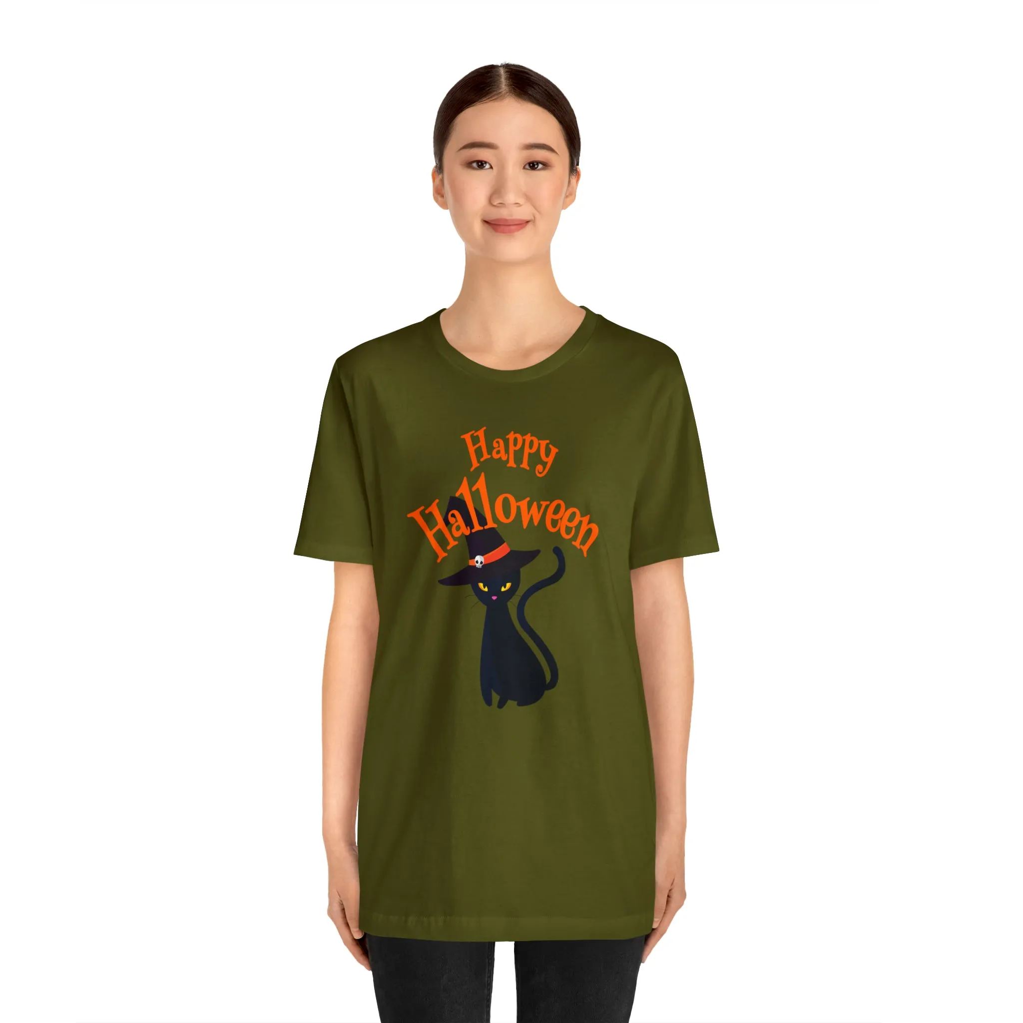 Happy Halloween Black Cat T-Shirt | Cat with Witche's Hat Tee |  Bella Canvas 3001Unisex | Funny Short Sleeve Tshirt
