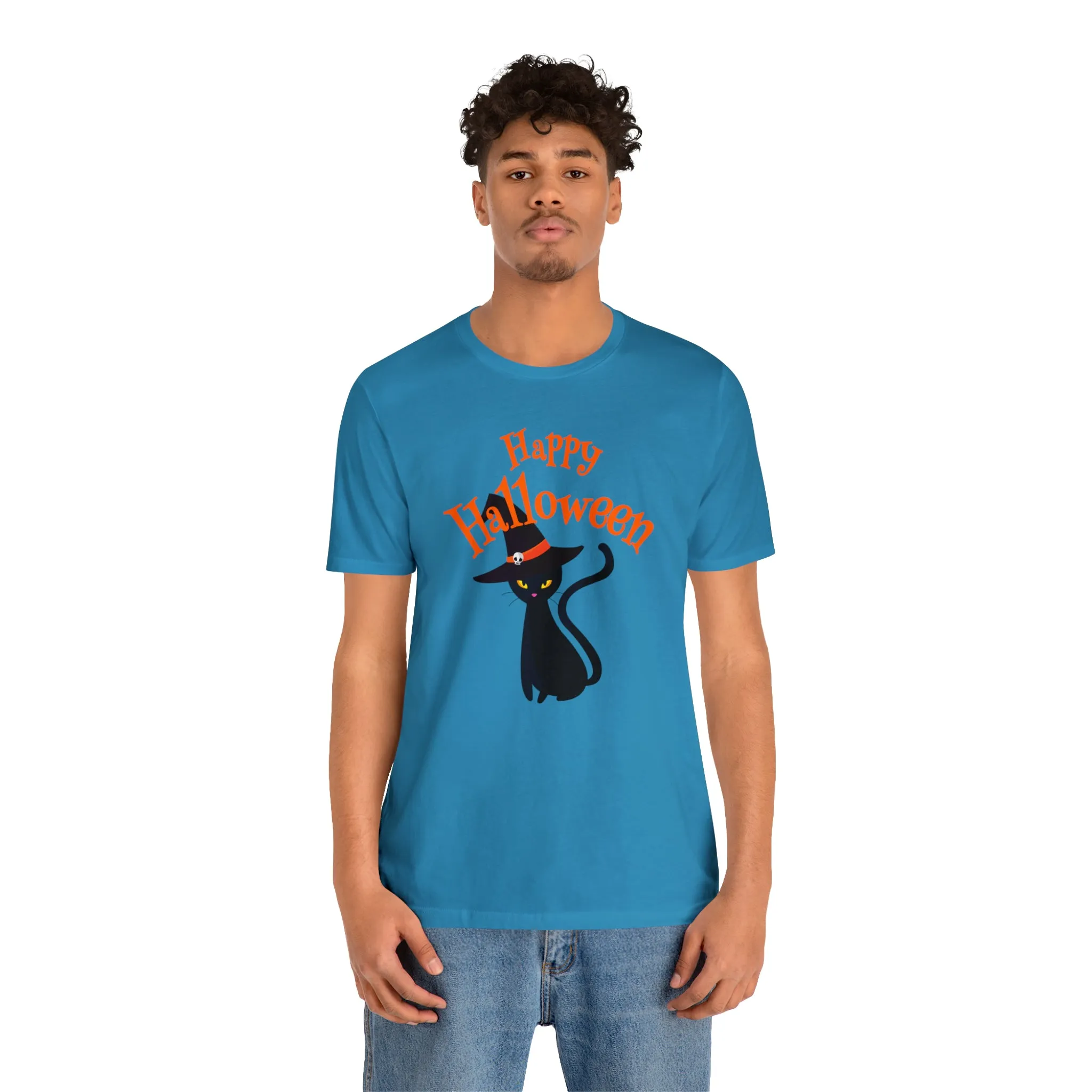 Happy Halloween Black Cat T-Shirt | Cat with Witche's Hat Tee |  Bella Canvas 3001Unisex | Funny Short Sleeve Tshirt