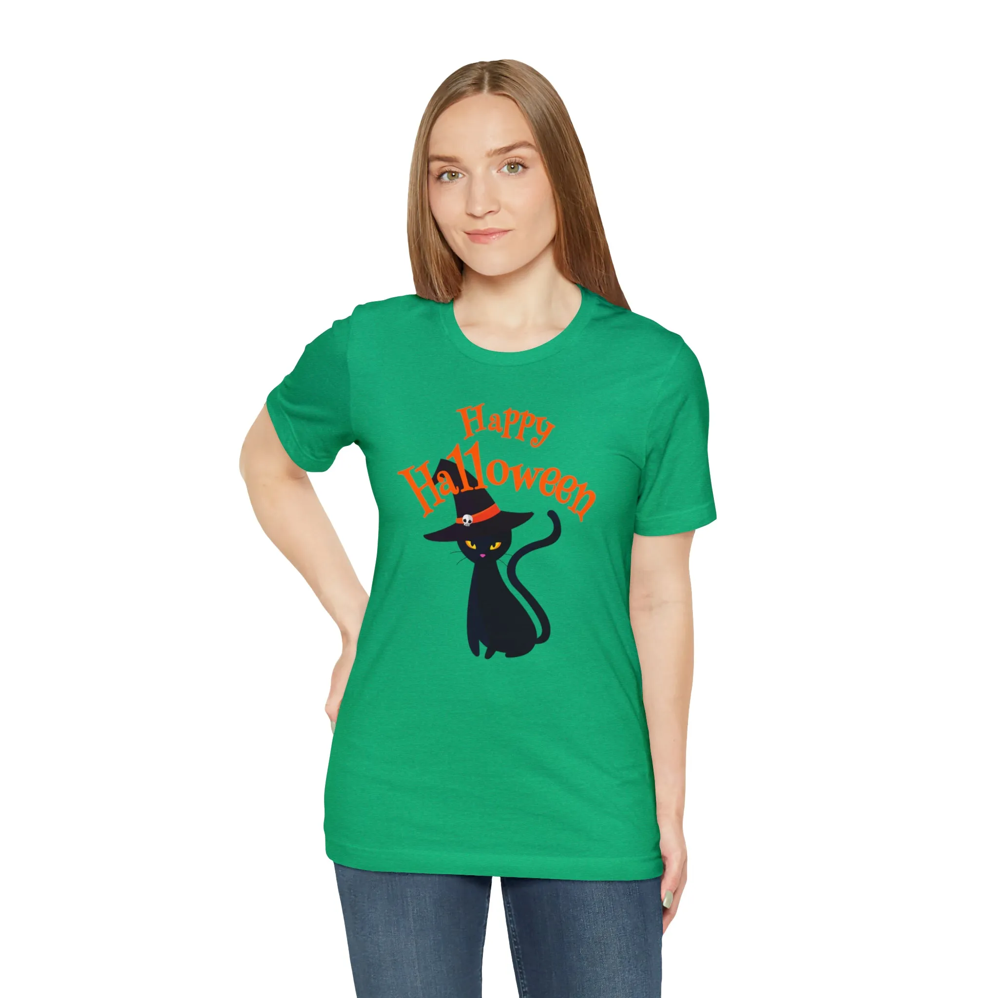Happy Halloween Black Cat T-Shirt | Cat with Witche's Hat Tee |  Bella Canvas 3001Unisex | Funny Short Sleeve Tshirt