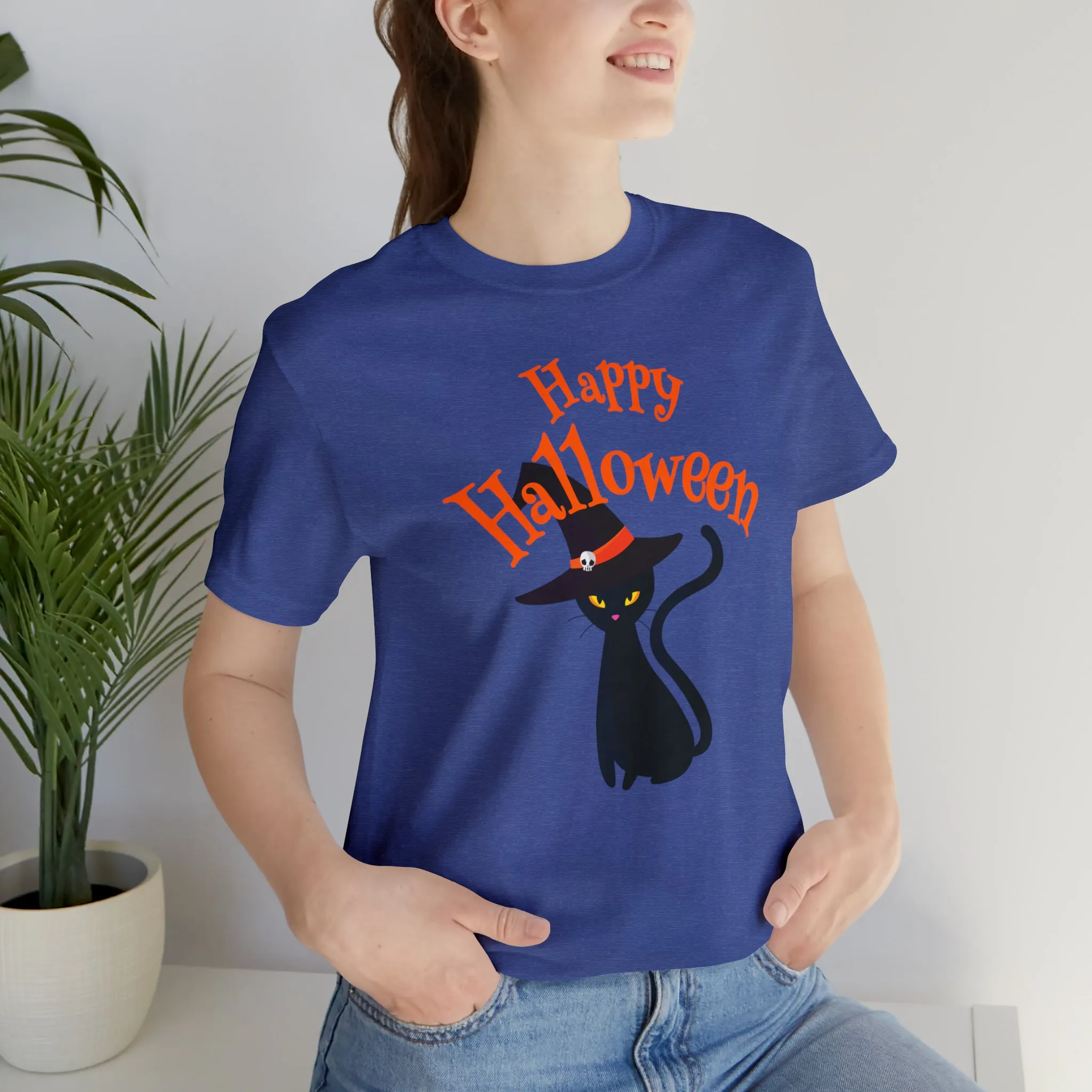 Happy Halloween Black Cat T-Shirt | Cat with Witche's Hat Tee |  Bella Canvas 3001Unisex | Funny Short Sleeve Tshirt