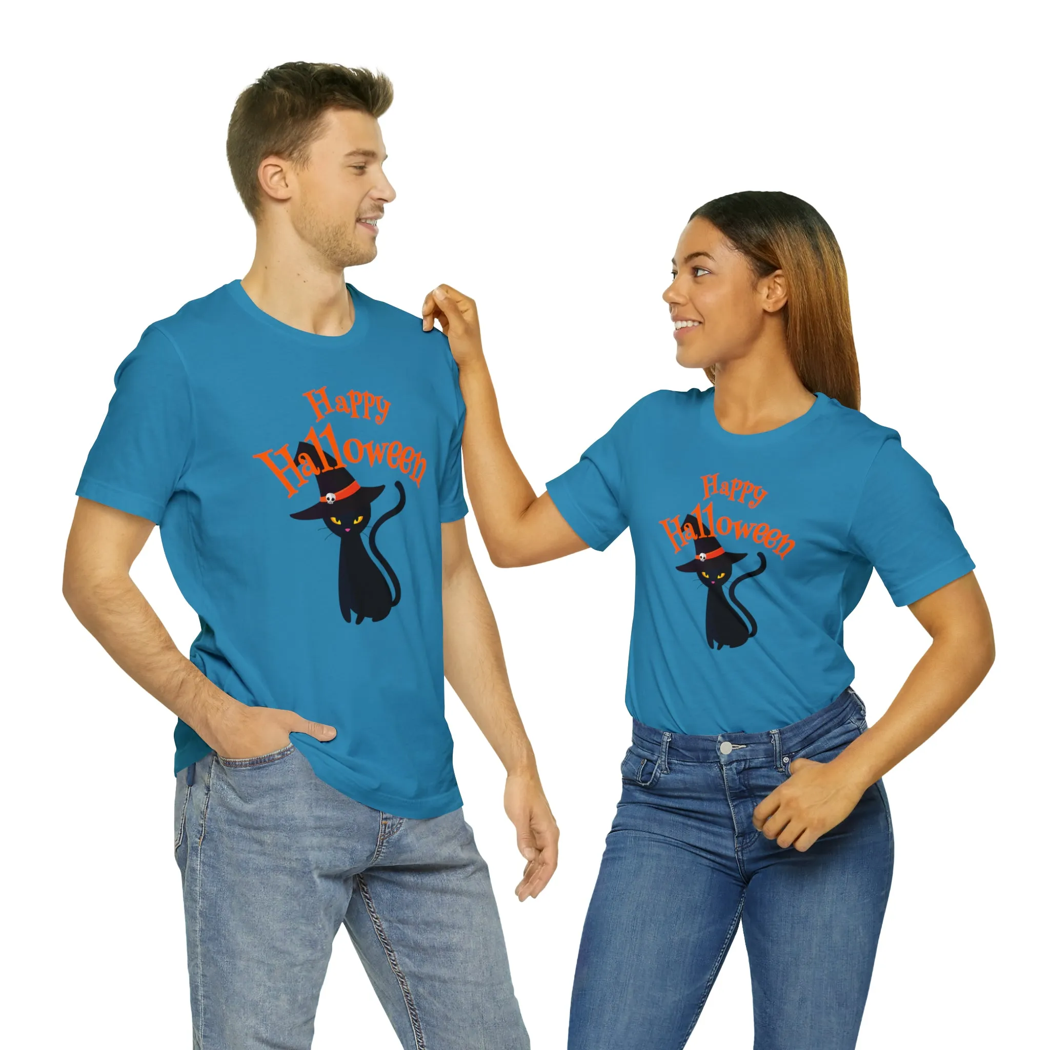 Happy Halloween Black Cat T-Shirt | Cat with Witche's Hat Tee |  Bella Canvas 3001Unisex | Funny Short Sleeve Tshirt