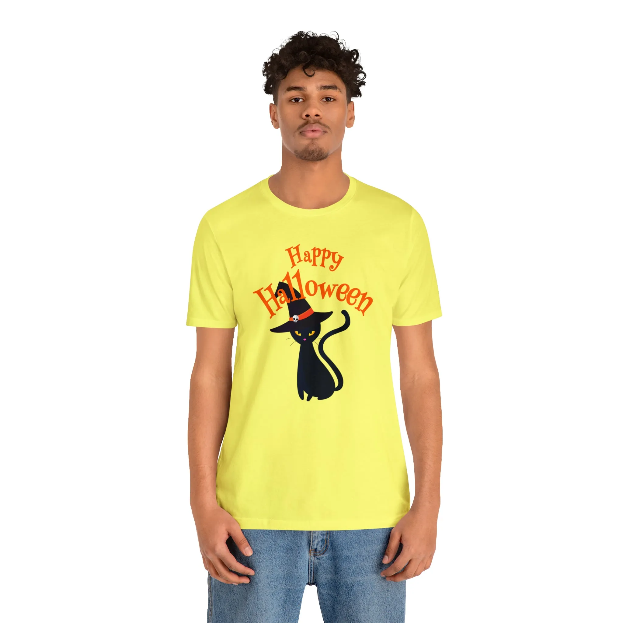 Happy Halloween Black Cat T-Shirt | Cat with Witche's Hat Tee |  Bella Canvas 3001Unisex | Funny Short Sleeve Tshirt