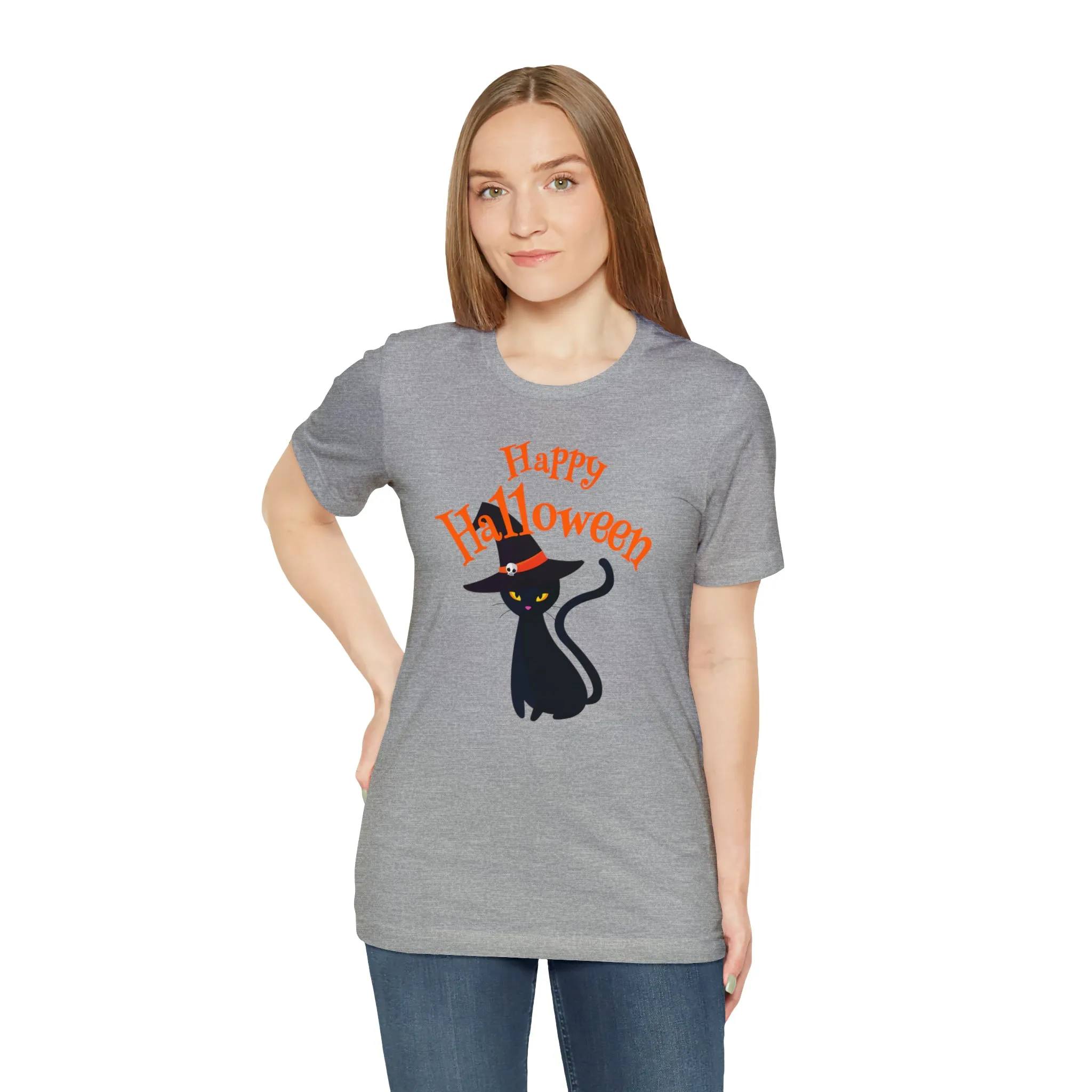 Happy Halloween Black Cat T-Shirt | Cat with Witche's Hat Tee |  Bella Canvas 3001Unisex | Funny Short Sleeve Tshirt
