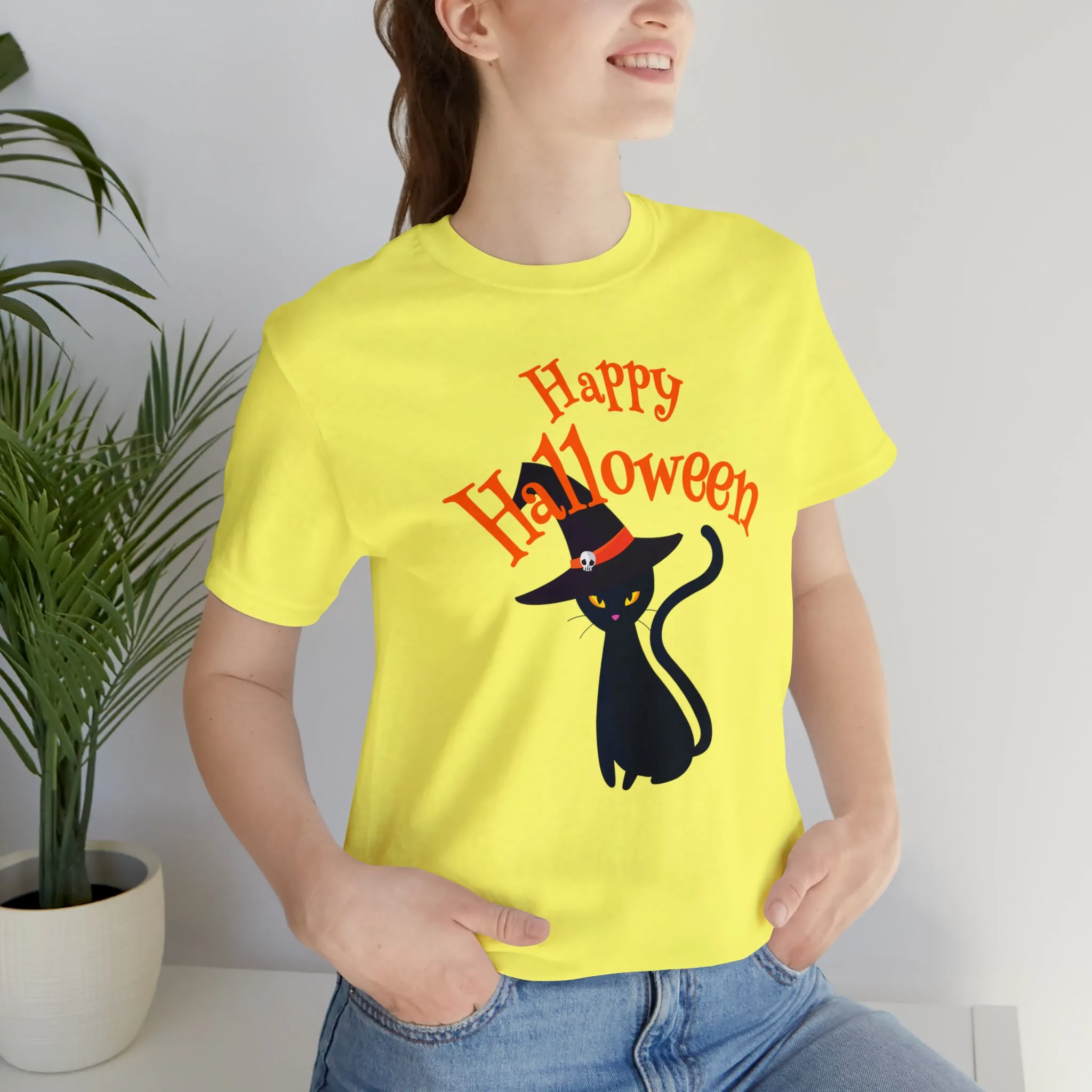 Happy Halloween Black Cat T-Shirt | Cat with Witche's Hat Tee |  Bella Canvas 3001Unisex | Funny Short Sleeve Tshirt