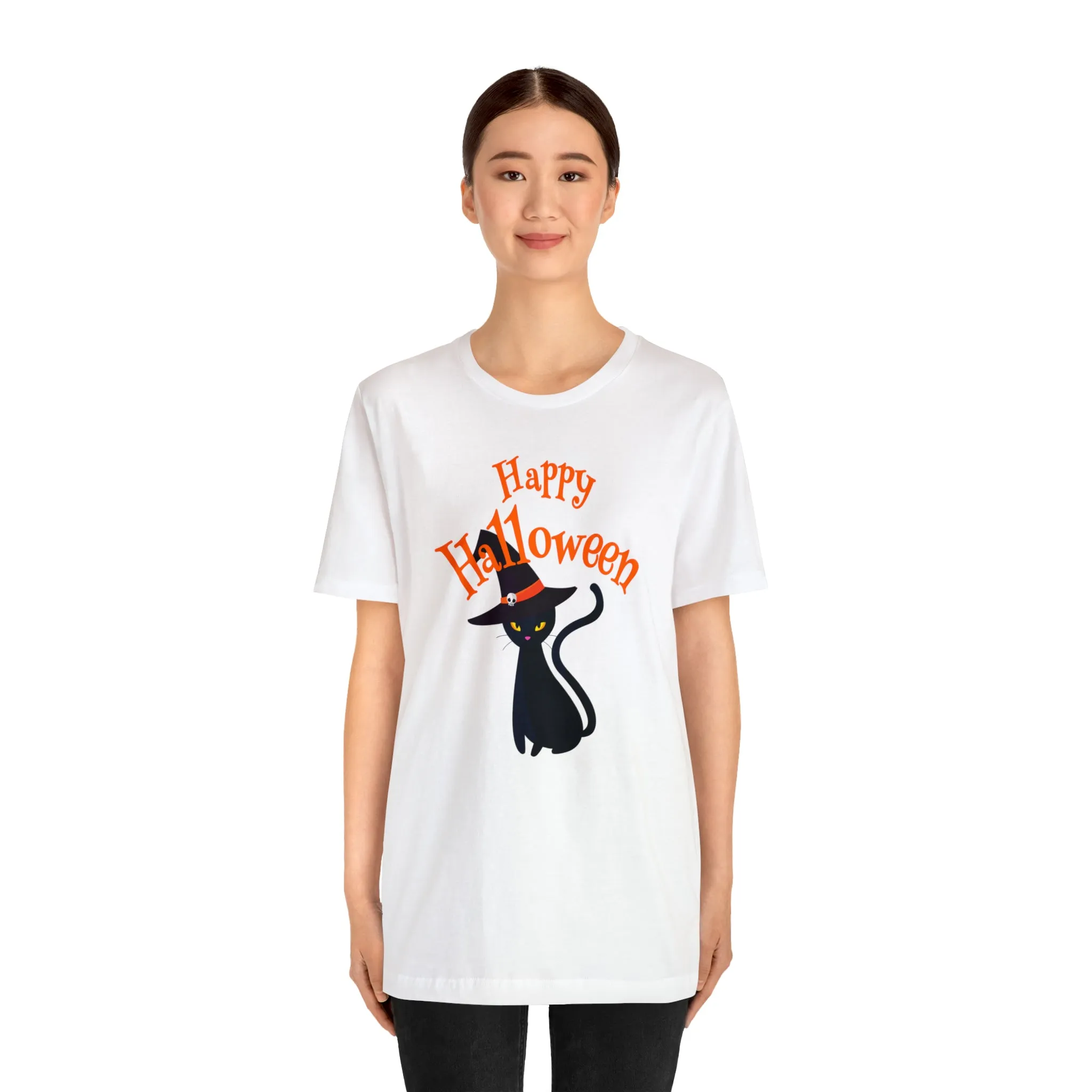 Happy Halloween Black Cat T-Shirt | Cat with Witche's Hat Tee |  Bella Canvas 3001Unisex | Funny Short Sleeve Tshirt