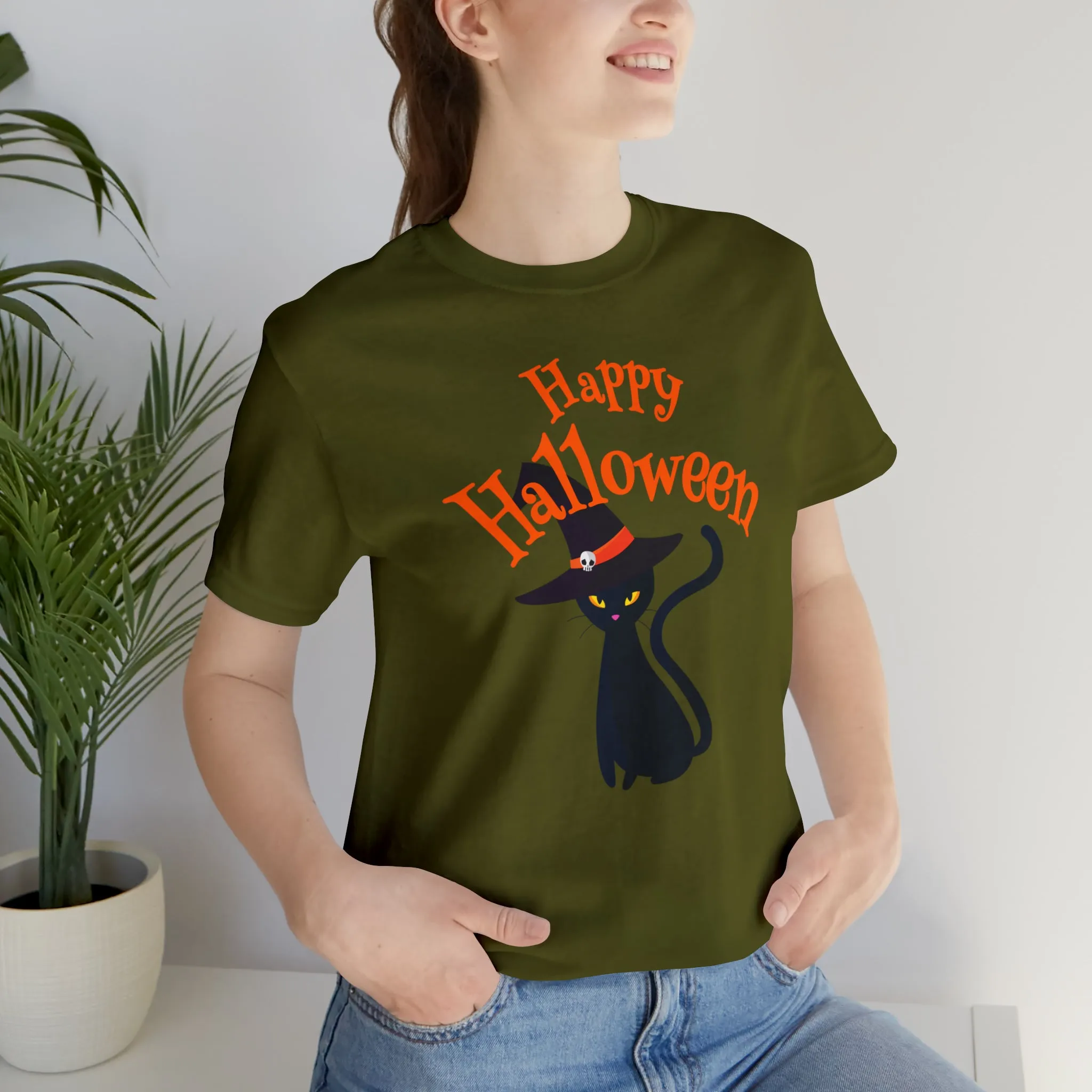 Happy Halloween Black Cat T-Shirt | Cat with Witche's Hat Tee |  Bella Canvas 3001Unisex | Funny Short Sleeve Tshirt