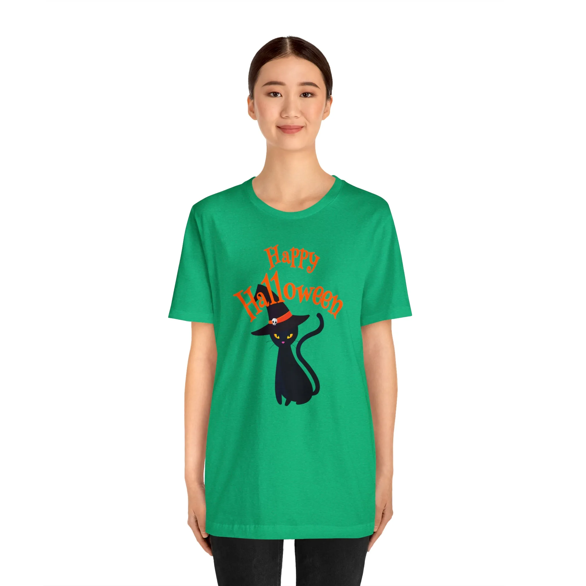 Happy Halloween Black Cat T-Shirt | Cat with Witche's Hat Tee |  Bella Canvas 3001Unisex | Funny Short Sleeve Tshirt