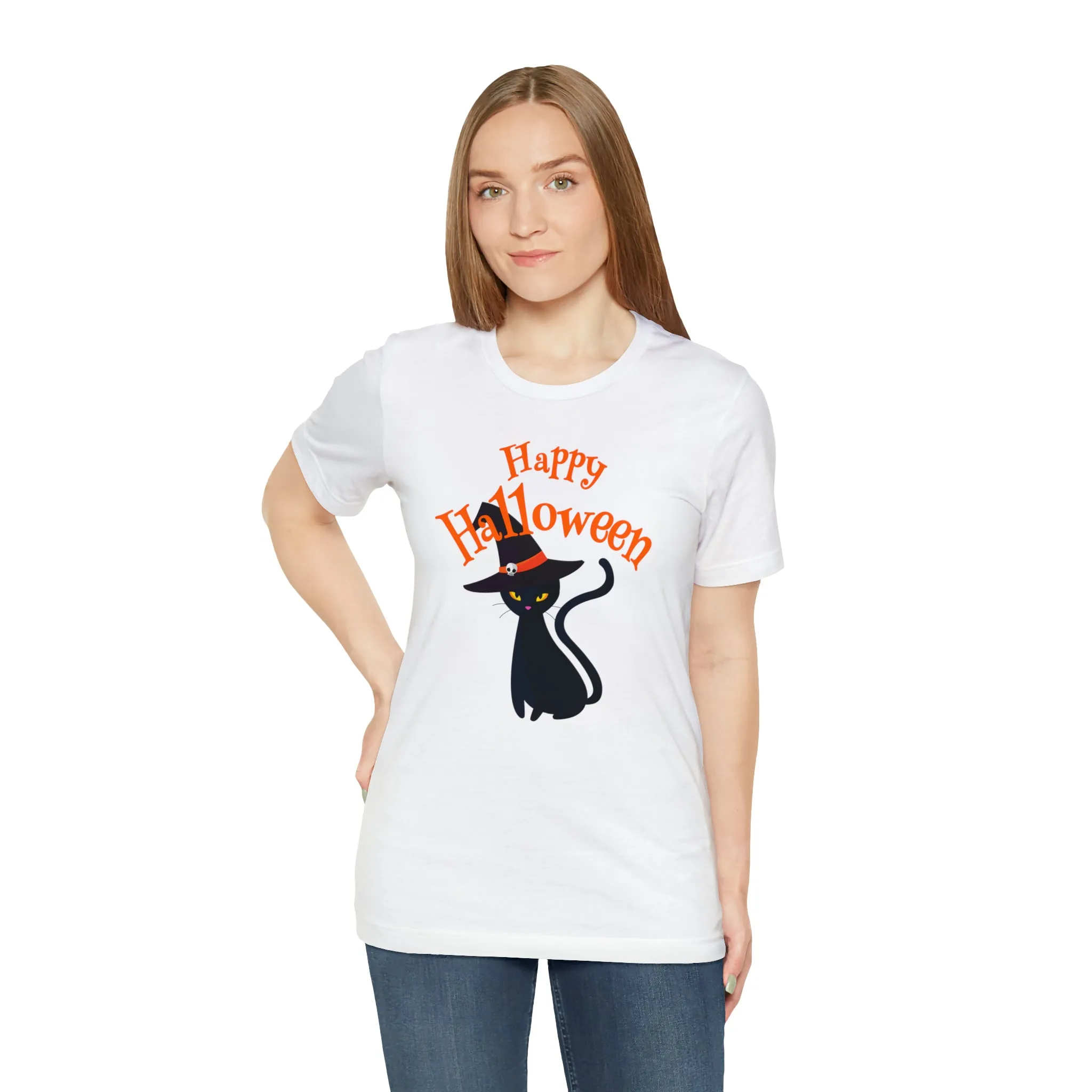 Happy Halloween Black Cat T-Shirt | Cat with Witche's Hat Tee |  Bella Canvas 3001Unisex | Funny Short Sleeve Tshirt