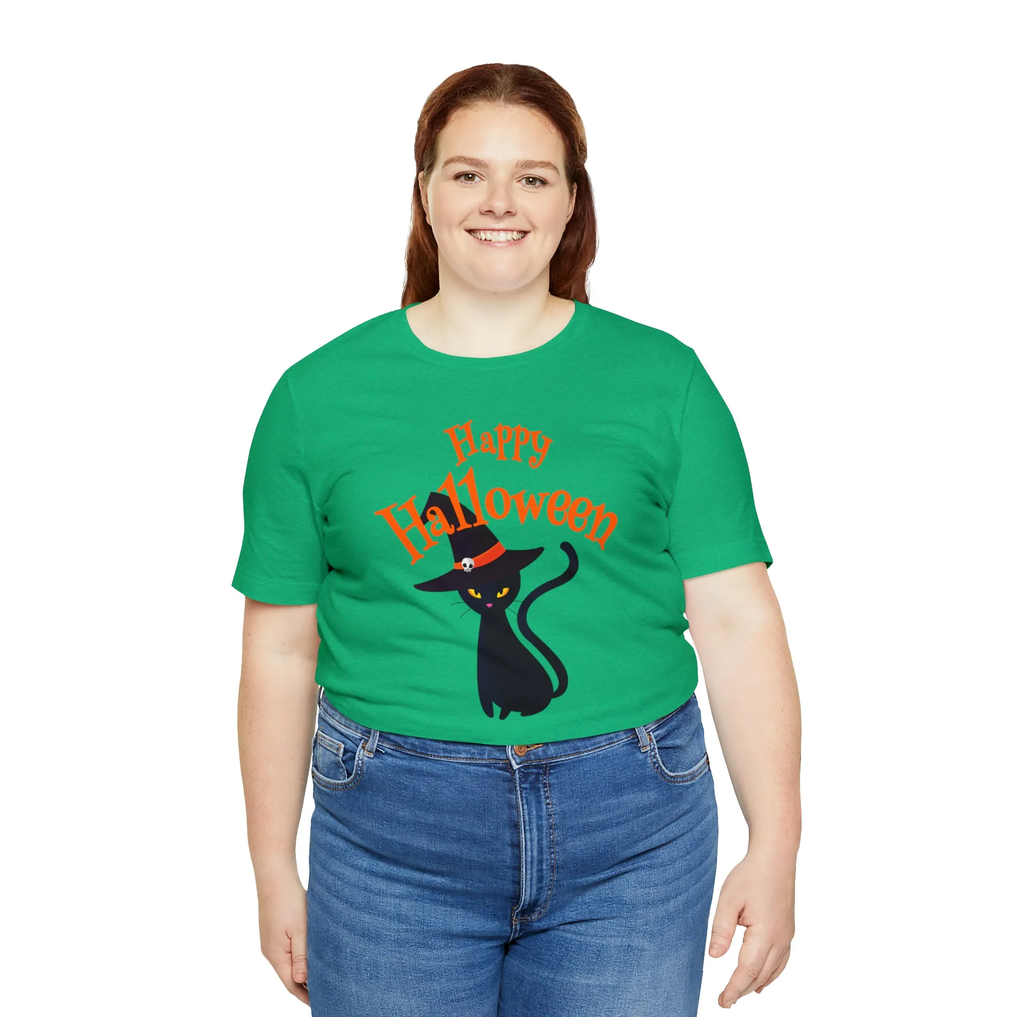 Happy Halloween Black Cat T-Shirt | Cat with Witche's Hat Tee |  Bella Canvas 3001Unisex | Funny Short Sleeve Tshirt