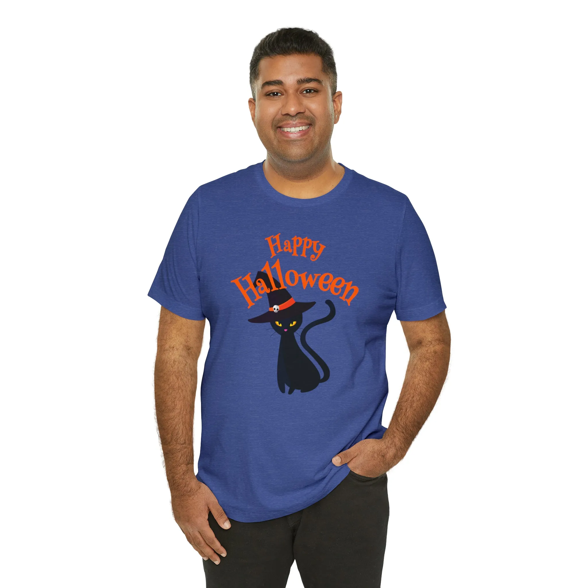 Happy Halloween Black Cat T-Shirt | Cat with Witche's Hat Tee |  Bella Canvas 3001Unisex | Funny Short Sleeve Tshirt