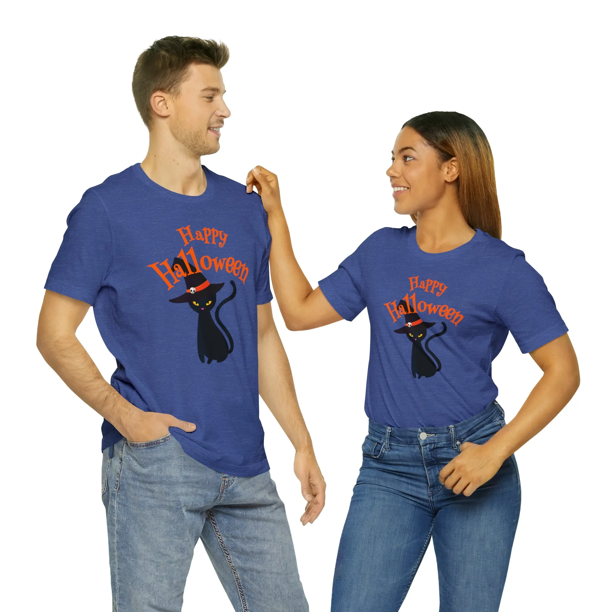 Happy Halloween Black Cat T-Shirt | Cat with Witche's Hat Tee |  Bella Canvas 3001Unisex | Funny Short Sleeve Tshirt