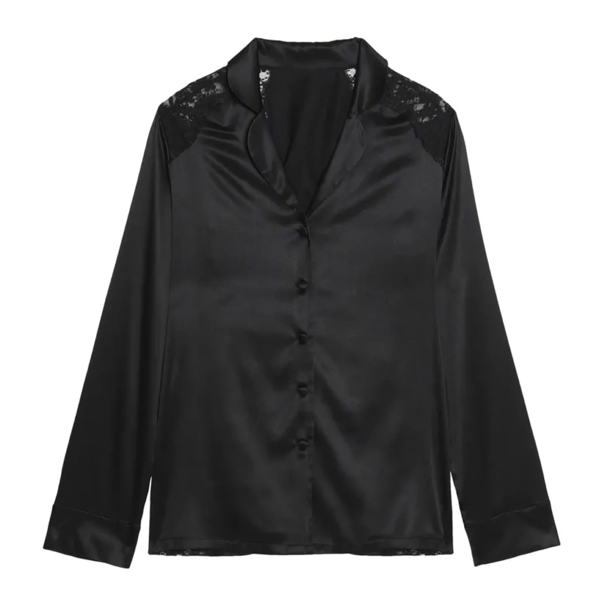 I.D Sarrieri Lace-trimmed silk-blend black satin pajama shirt