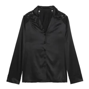 I.D Sarrieri Lace-trimmed silk-blend black satin pajama shirt