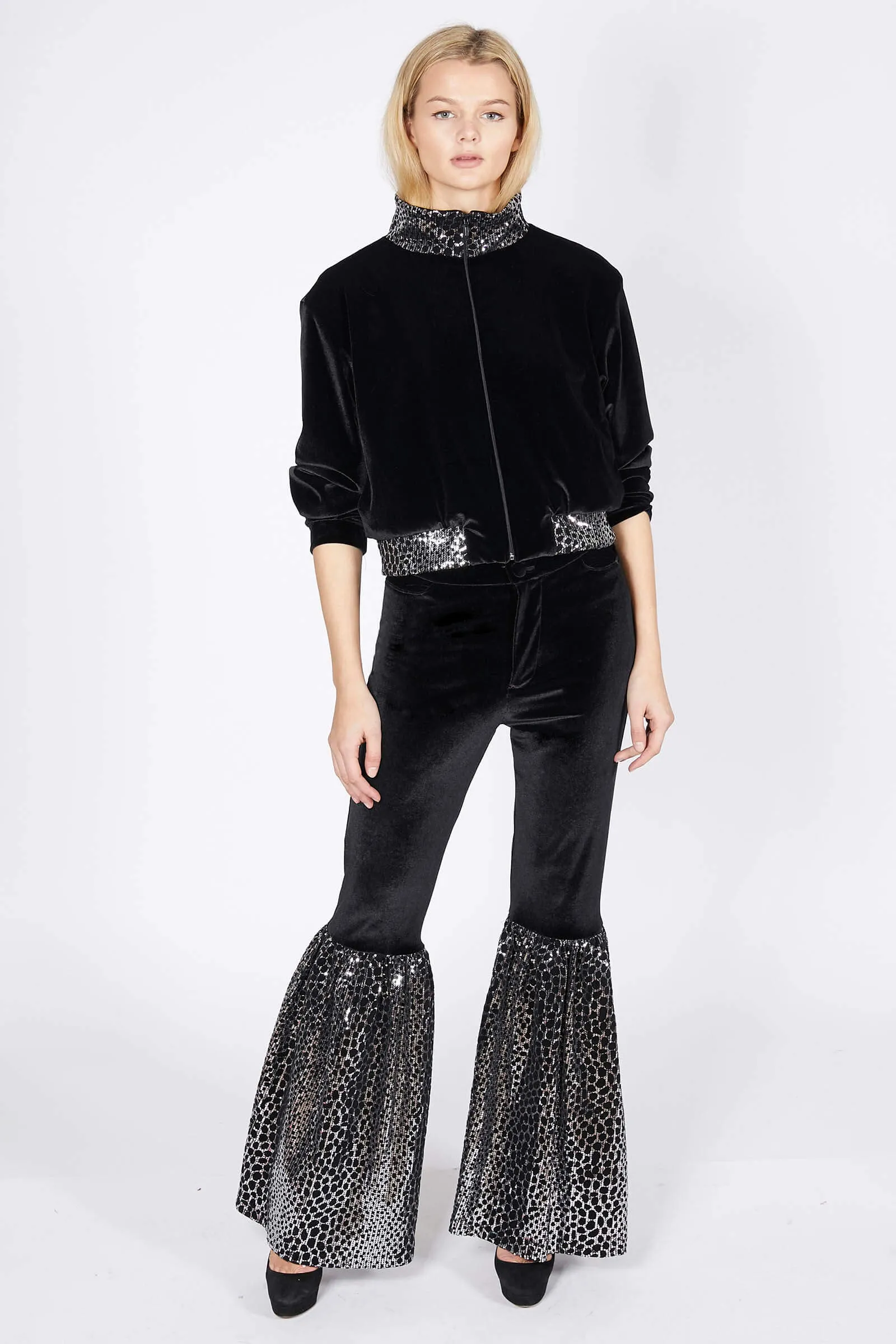 Ilona Rich Black Reptilian Sequin Flared Trousers