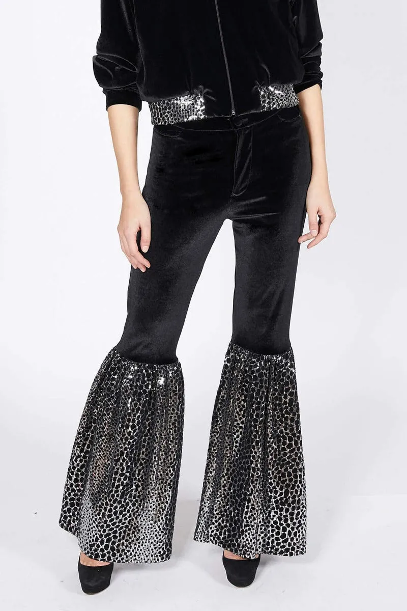 Ilona Rich Black Reptilian Sequin Flared Trousers