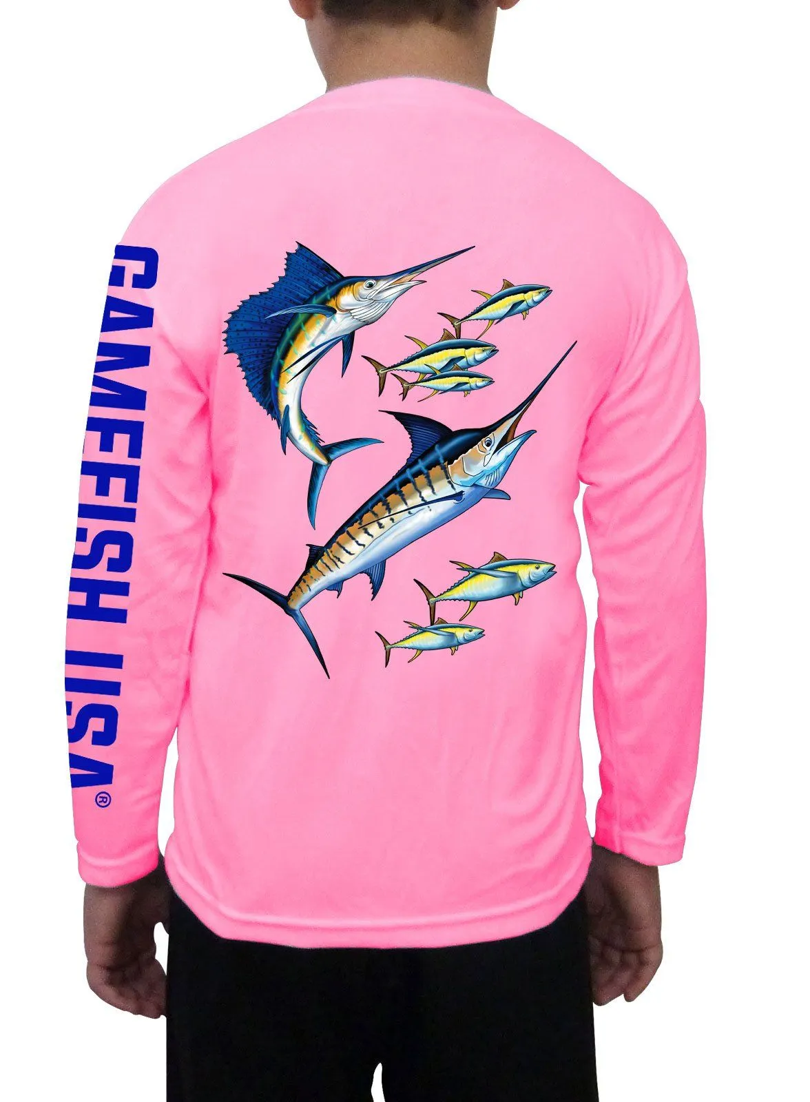 Kid's UPF 50 Long Sleeve Microfiber Moisture Wicking Performance Fishing Shirt Marlin Tuna Sailfish