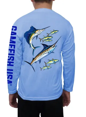 Kid's UPF 50 Long Sleeve Microfiber Moisture Wicking Performance Fishing Shirt Marlin Tuna Sailfish
