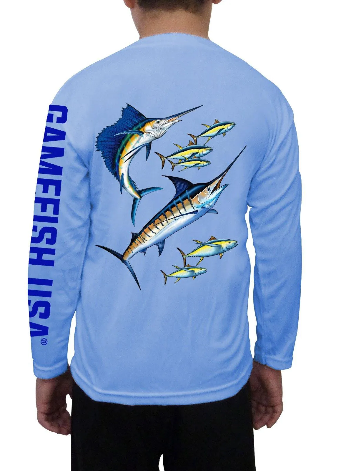 Kid's UPF 50 Long Sleeve Microfiber Moisture Wicking Performance Fishing Shirt Marlin Tuna Sailfish