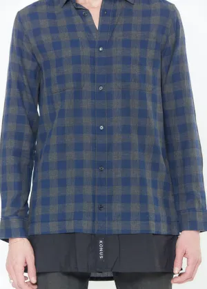 Konus Men's Longline Button up Shirt in Plaid in Navy