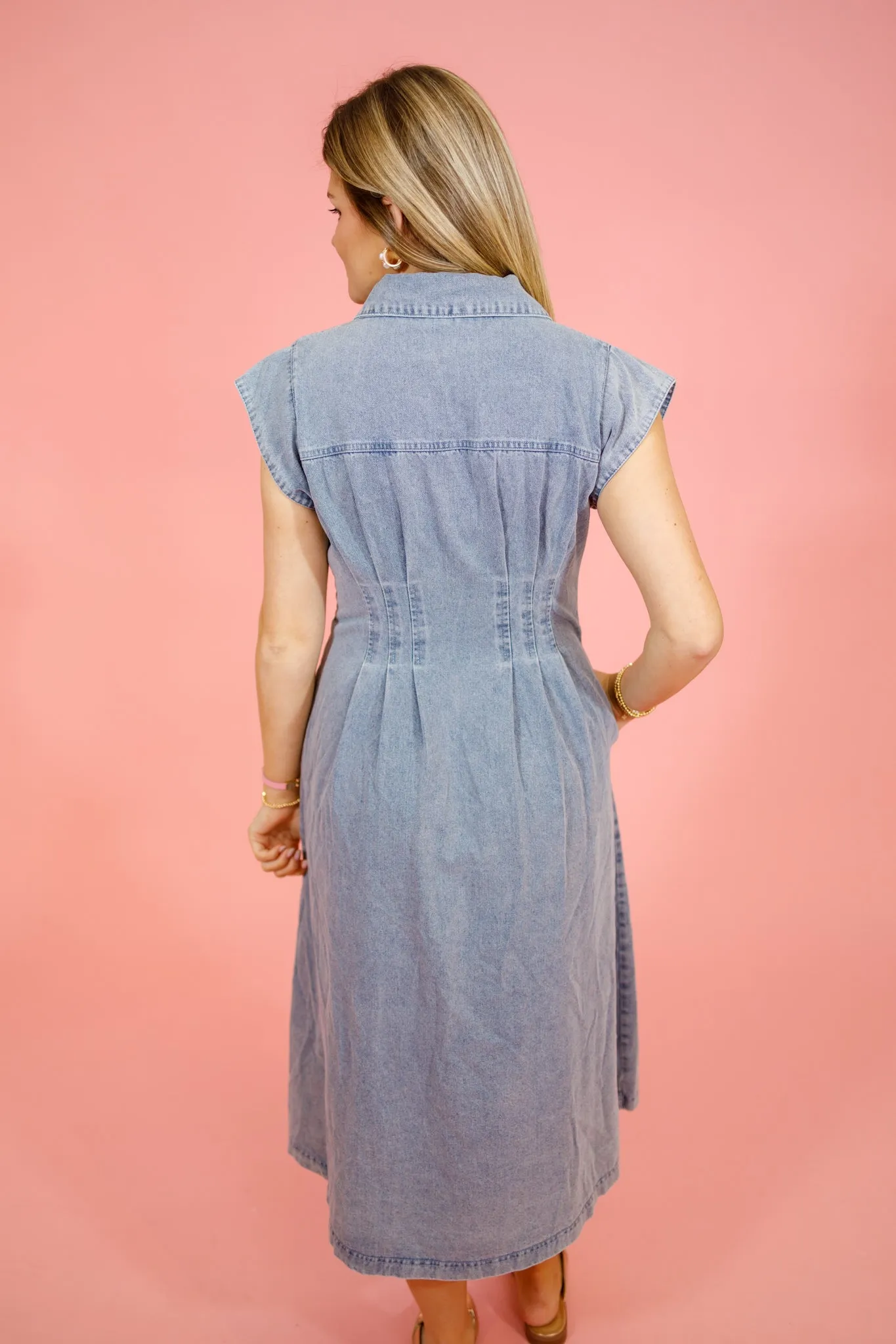 Light Denim Pleated Midi Dress