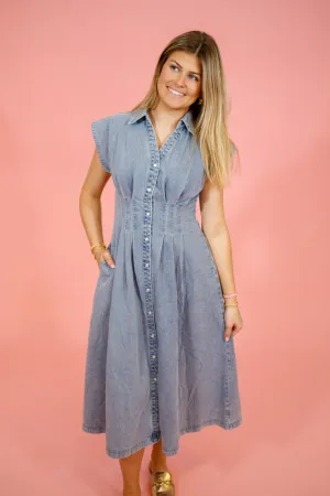 Light Denim Pleated Midi Dress