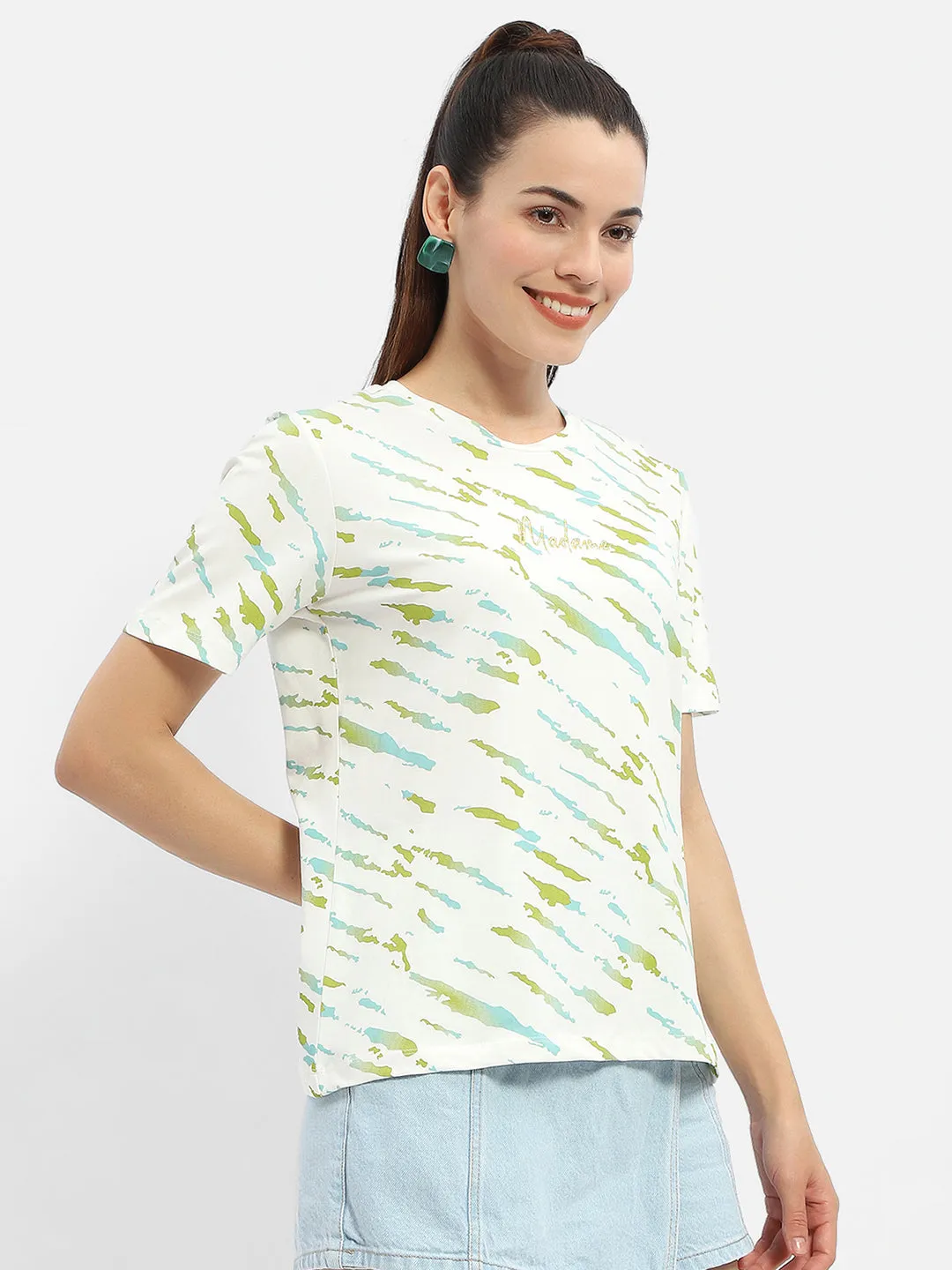 Madame Abstract Print Green Regular T-Shirt