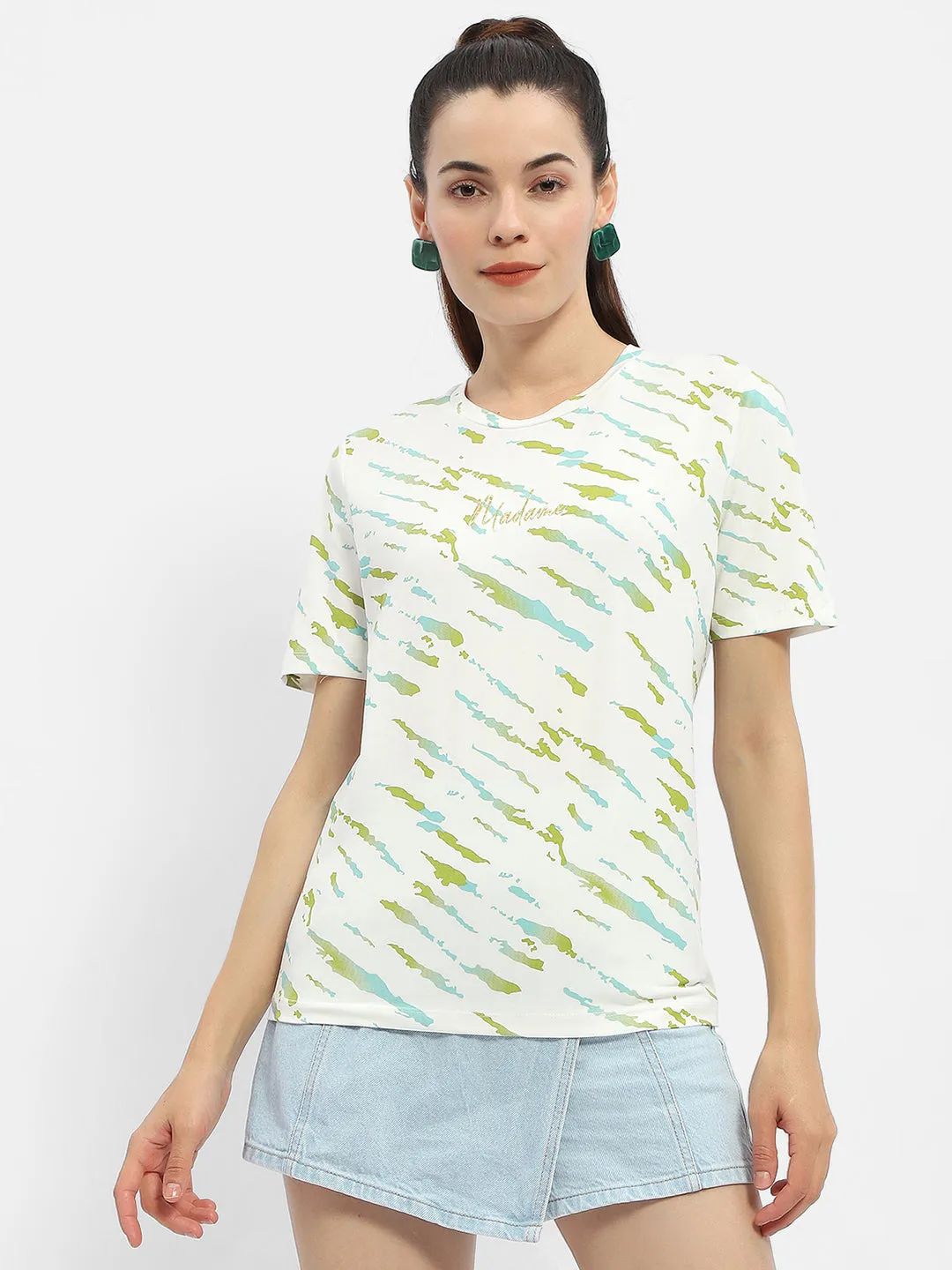 Madame Abstract Print Green Regular T-Shirt