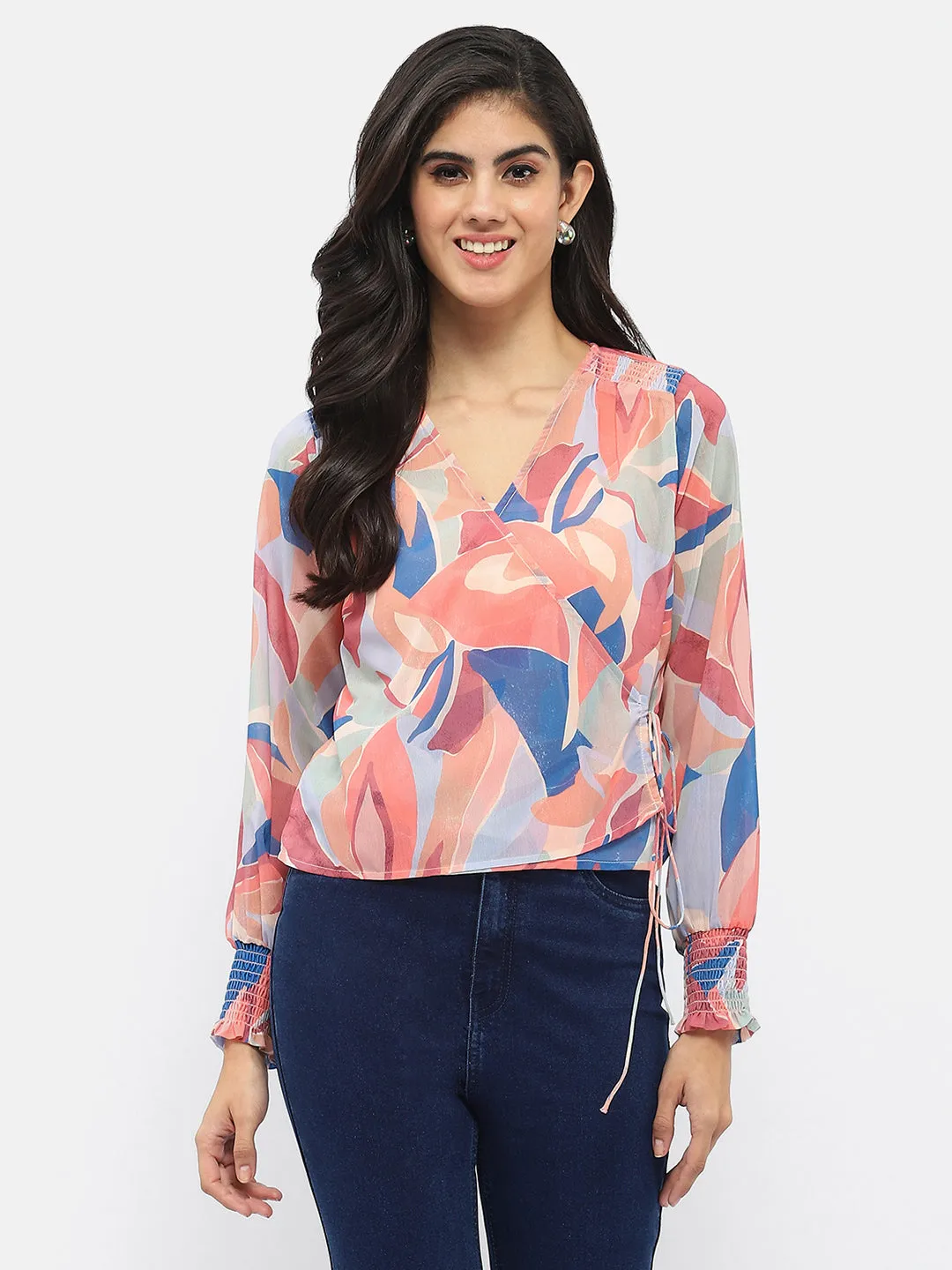 Madame Abstract Print Multicolour Tie Knot Wrap Top