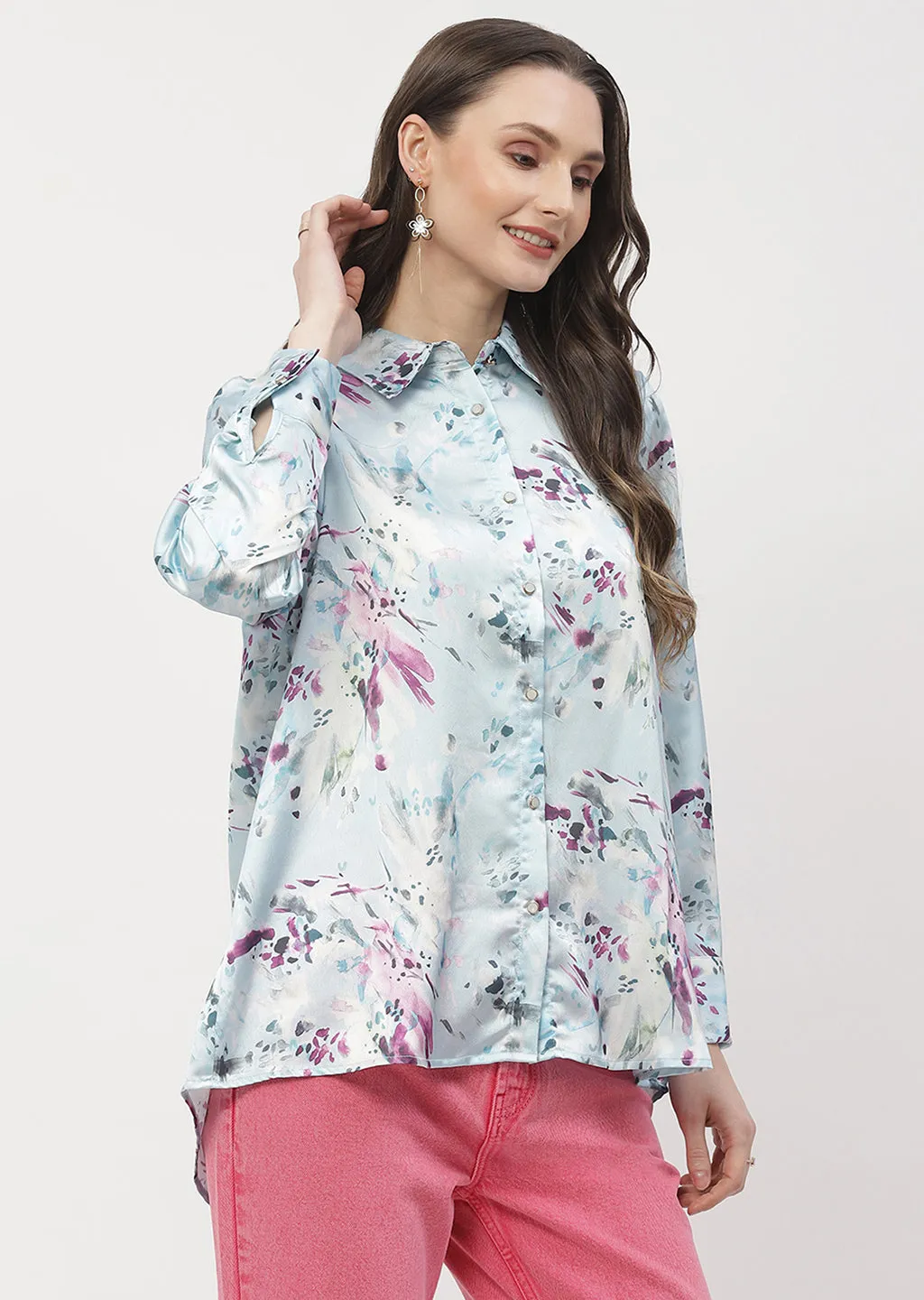 Madame Abstract Print Sky Blue Regular Shirt