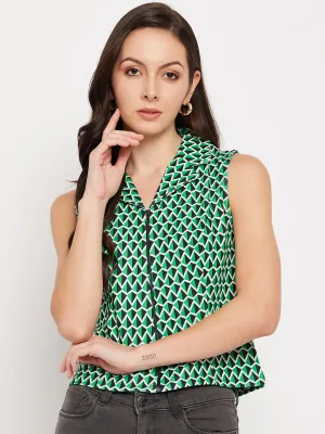 Madame Green Abstract Print Zipper Crop Top