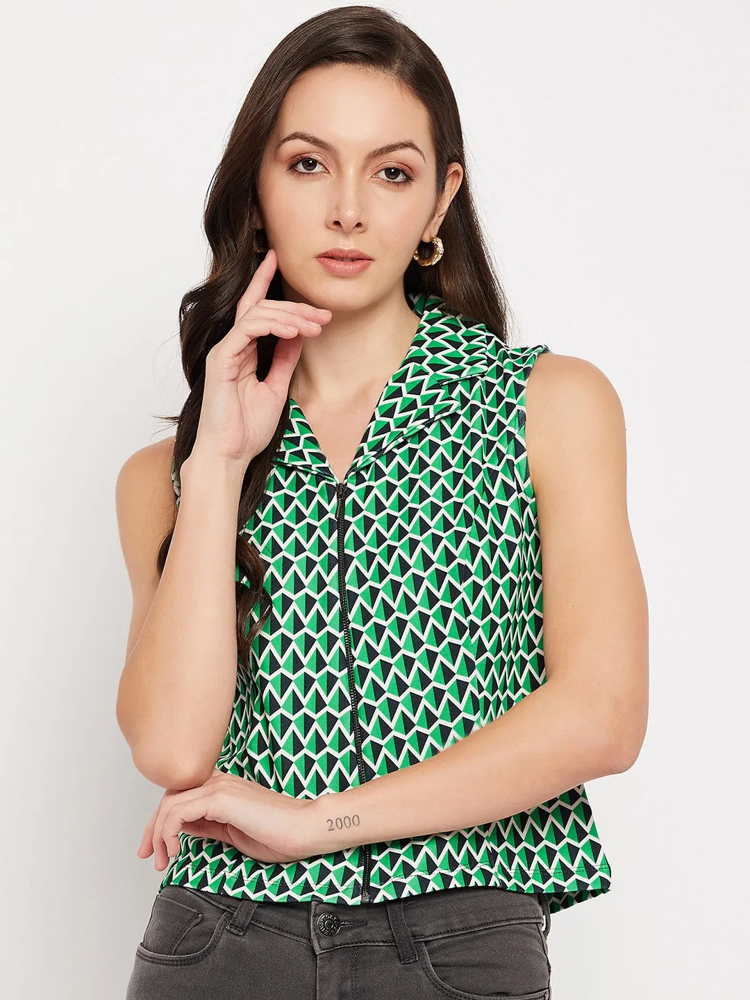 Madame Green Abstract Print Zipper Crop Top