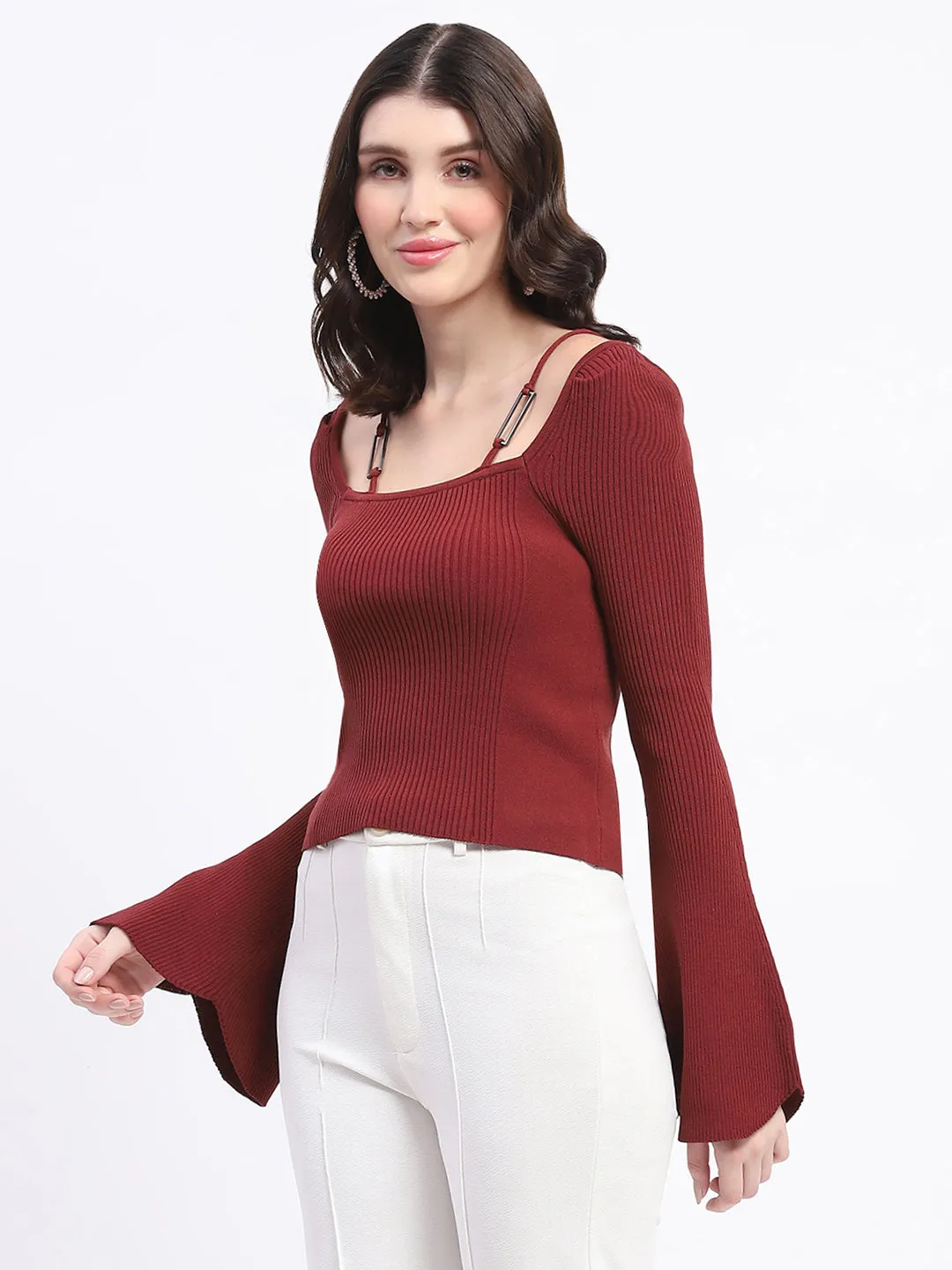 Madame Metal Accented Flounce Sleeve Red Knit Top