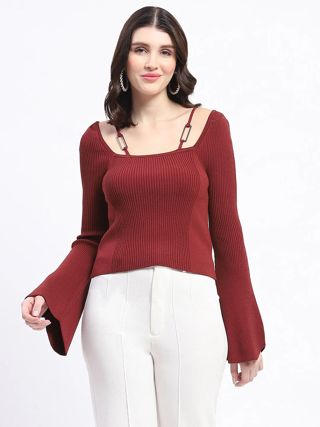 Madame Metal Accented Flounce Sleeve Red Knit Top