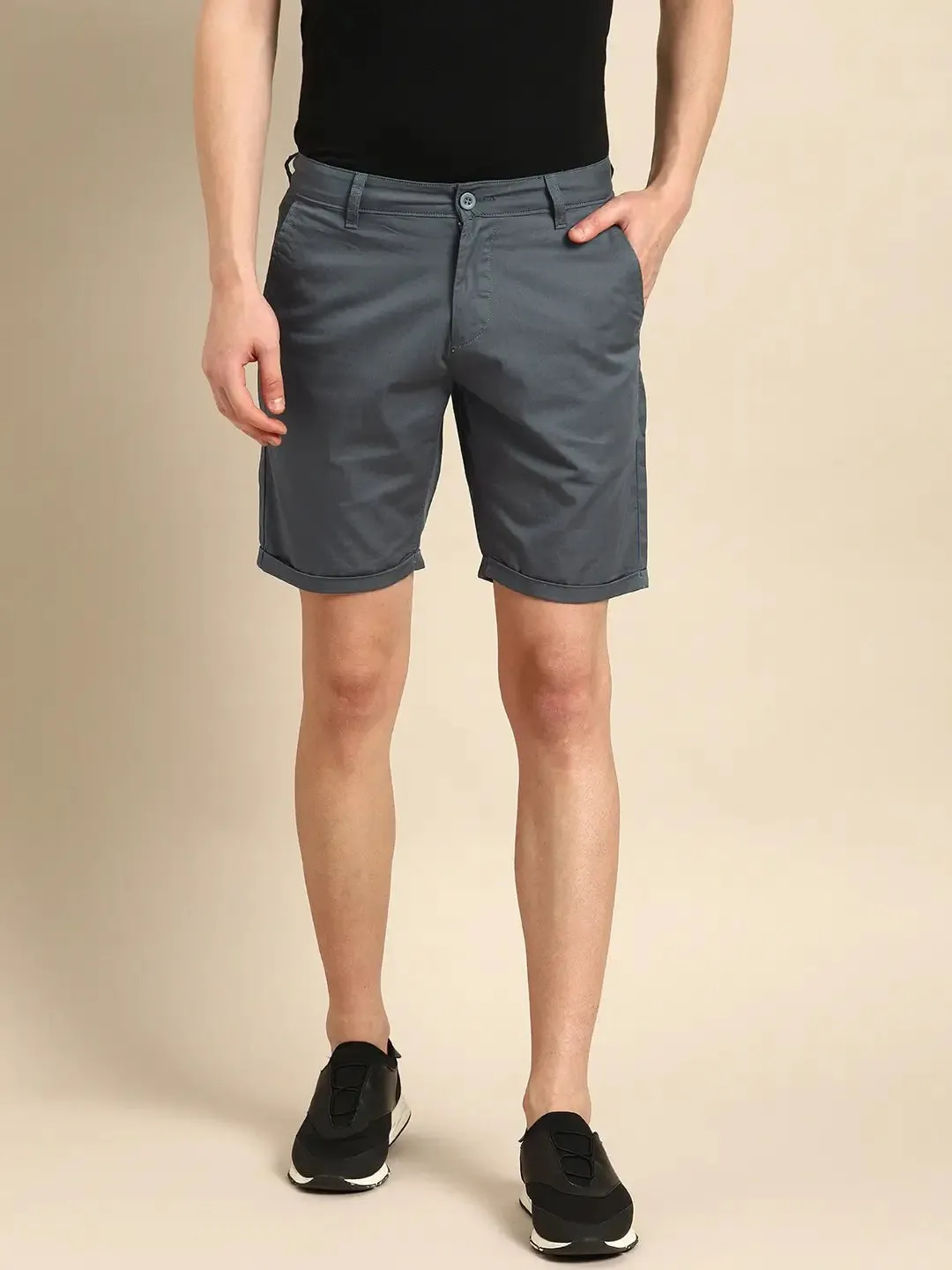 Men Charcoal Gray Solid Slim Fit Chino Shorts