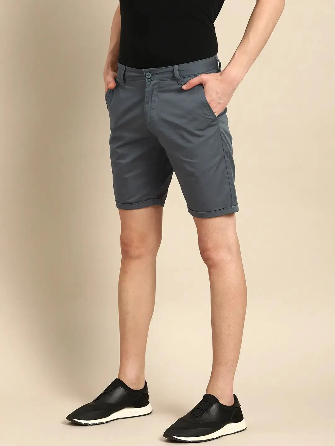 Men Charcoal Gray Solid Slim Fit Chino Shorts