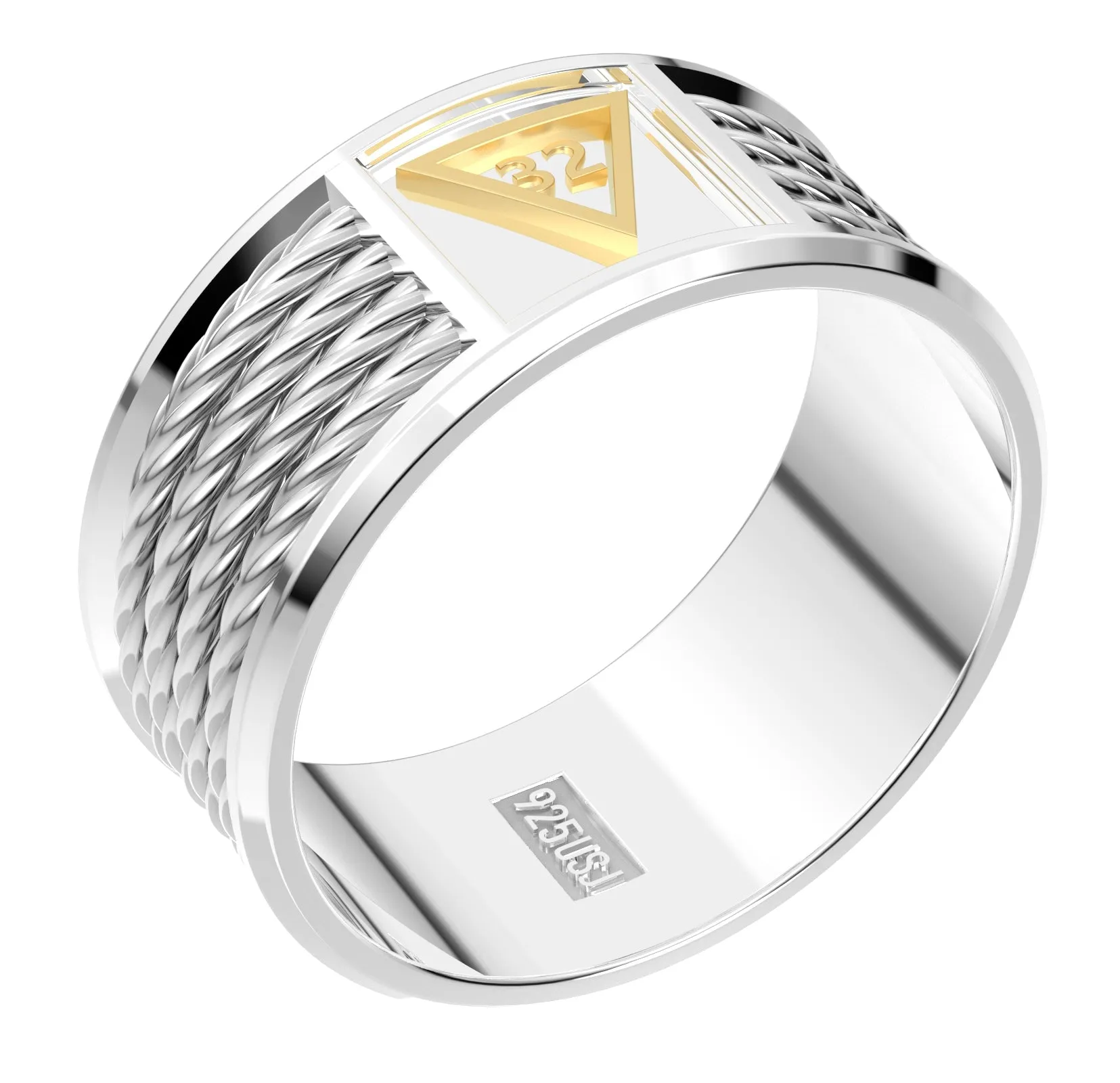 Men's 925 Sterling Silver & 14k 8mm Masonic Scottish Rite 32 Degree Band Ring