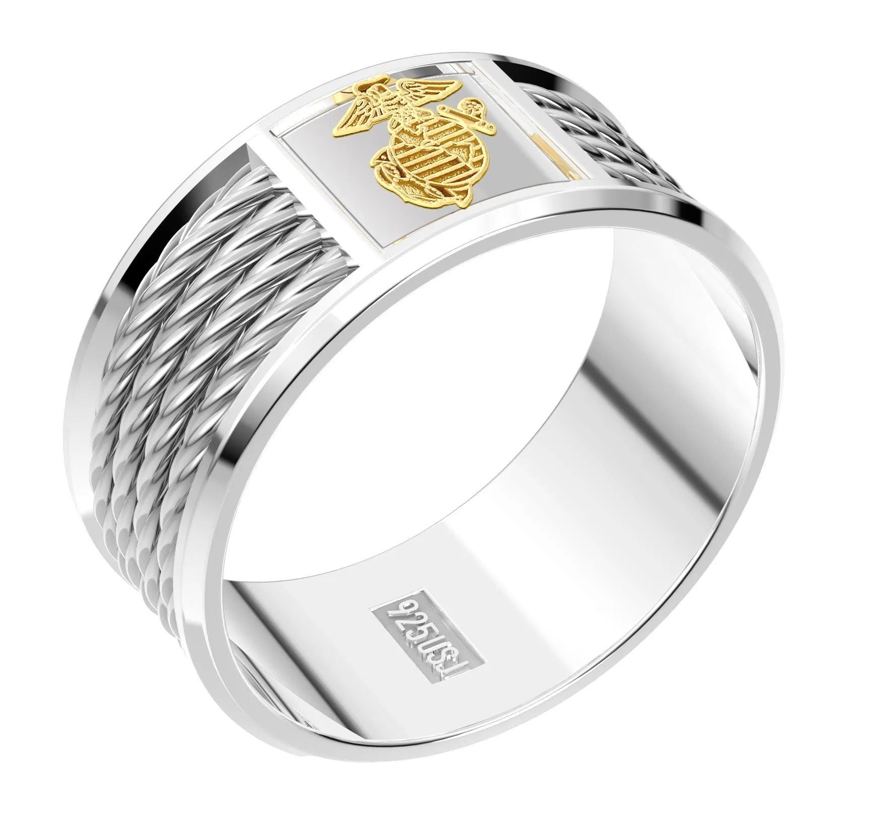 Men's 925 Sterling Silver & 14k 8mm US Marine Corps Ring Band