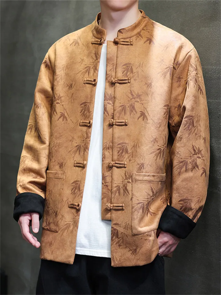 Men's Chinese Style Faux Suede Jacket with Bamboo Leaf Print