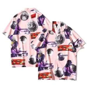Men's Classic Disco Ball Designed Aloha Shirt -Pink