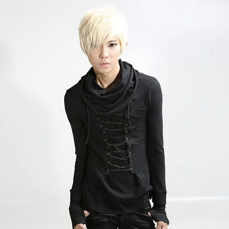 Men's Long sleeved, hip length shirt with accented laced up front.