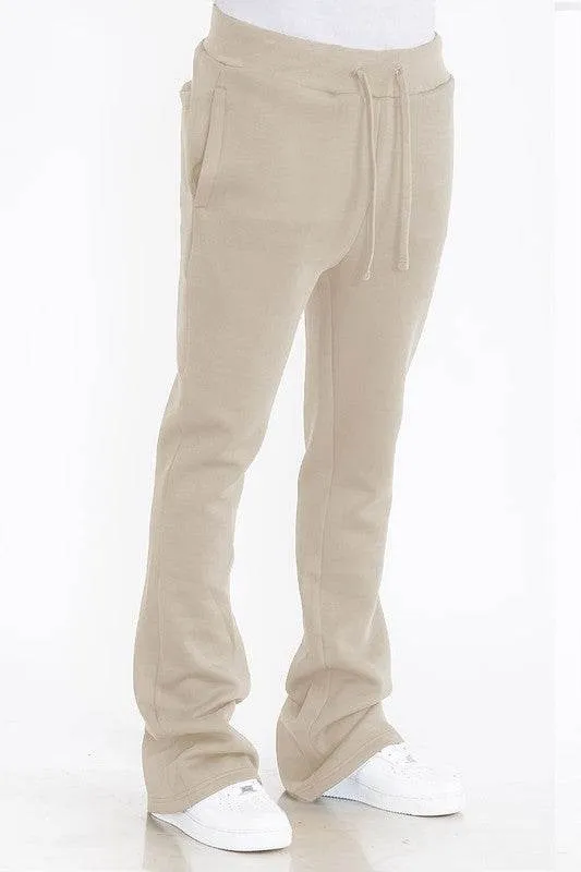 Mens Solid Fleece Flare Stacked Pants
