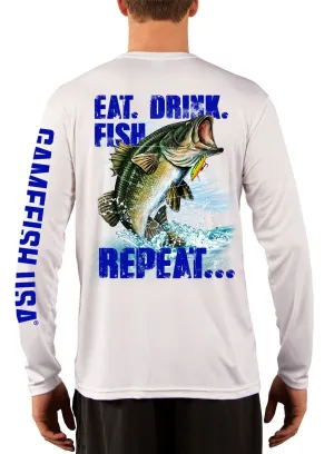 Men's UPF 50 Long Sleeve Microfiber Moisture Wicking Performance Fishing Shirt Bass Repeat