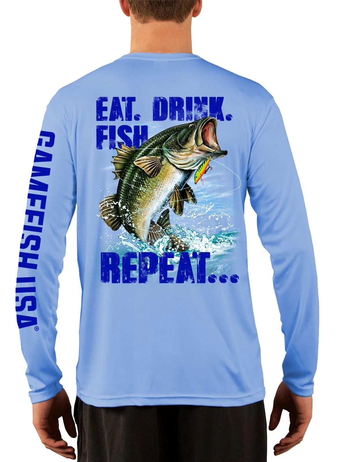 Men's UPF 50 Long Sleeve Microfiber Moisture Wicking Performance Fishing Shirt Bass Repeat