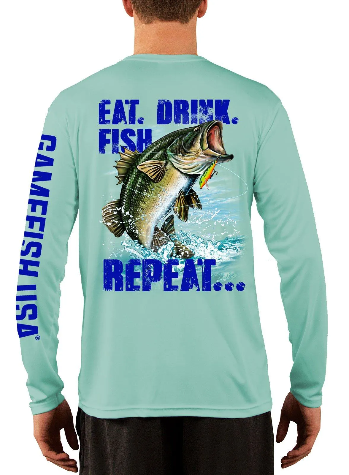 Men's UPF 50 Long Sleeve Microfiber Moisture Wicking Performance Fishing Shirt Bass Repeat