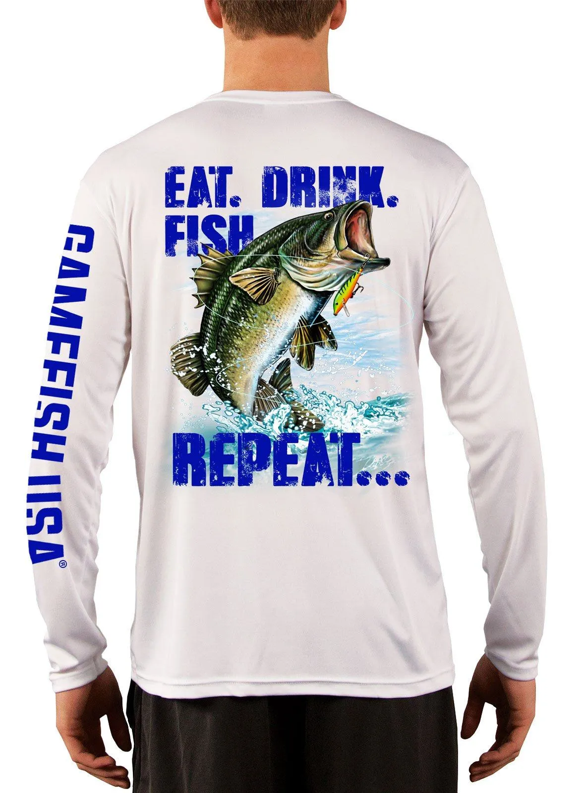 Men's UPF 50 Long Sleeve Microfiber Moisture Wicking Performance Fishing Shirt Bass Repeat