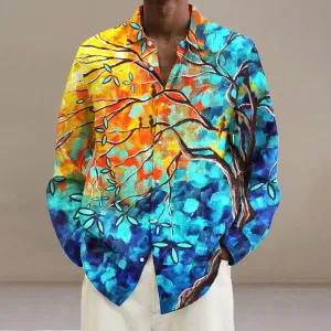 Men's Vintage Abstract Gradient Large Tree Art Print Long Sleeve Shirt