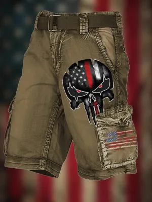 Men's Vintage Flag Independence Day Multi-Pocket Print Cargo Shorts (Belt Not Included)