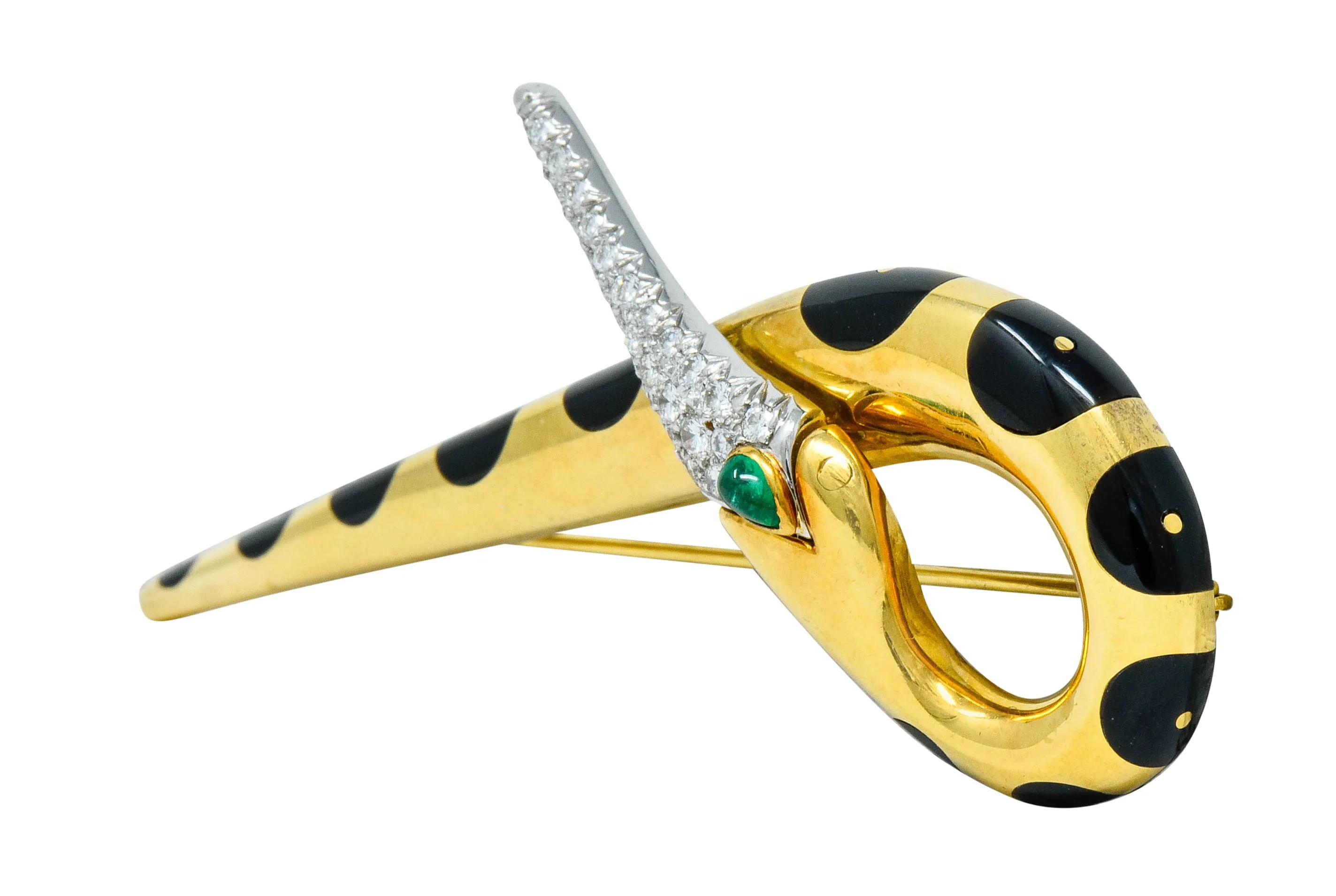 Michael Bondanza Pave Diamond Onyx Emerald Platinum 18 Karat Gold Heron Brooch